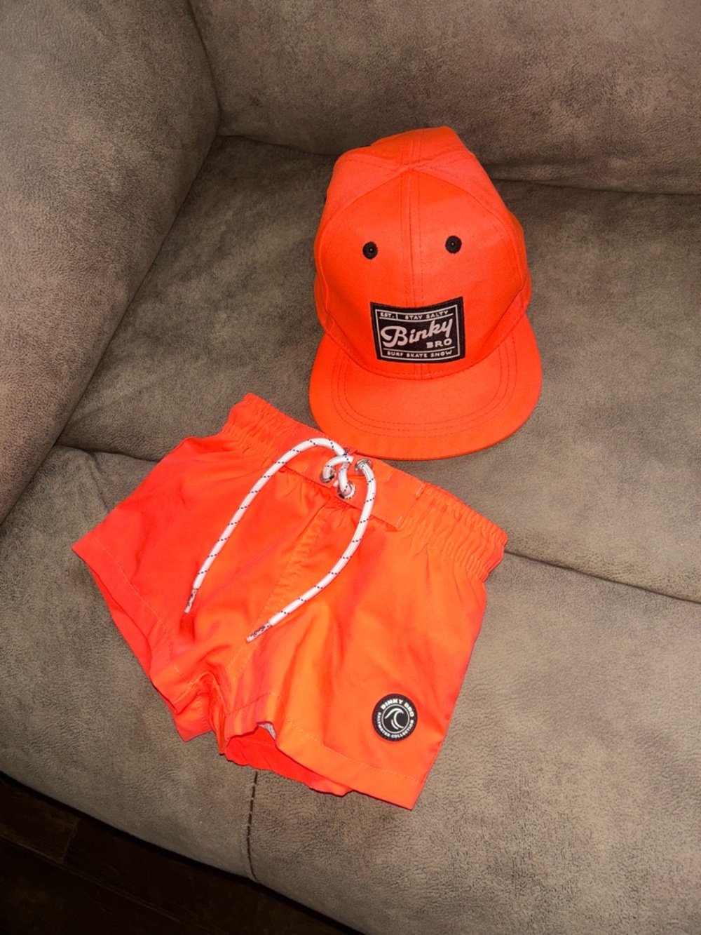 Binkey Bros Neon Orange Hat and Swim Shorts Set